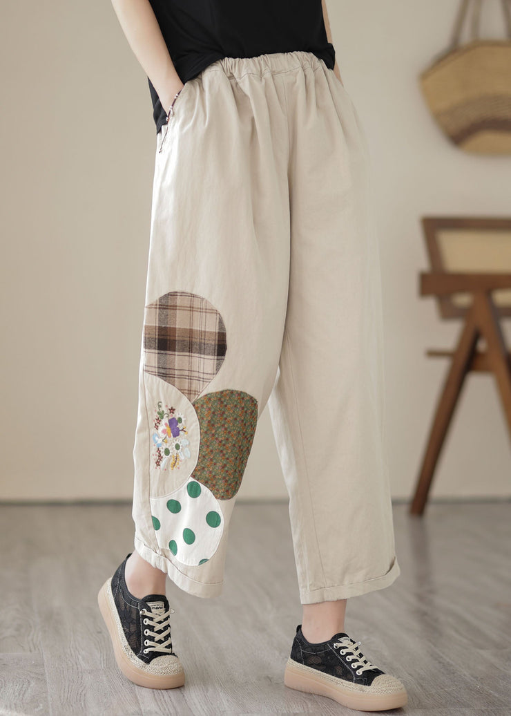 Apricot Pockets Patchwork Cotton Straight Crop Pants Embroideried Summer