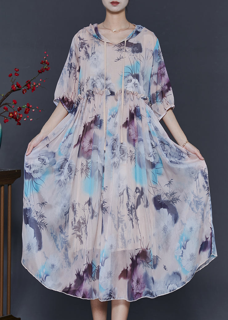 Apricot Print Chiffon Hoodie Dress Ruffled Summer