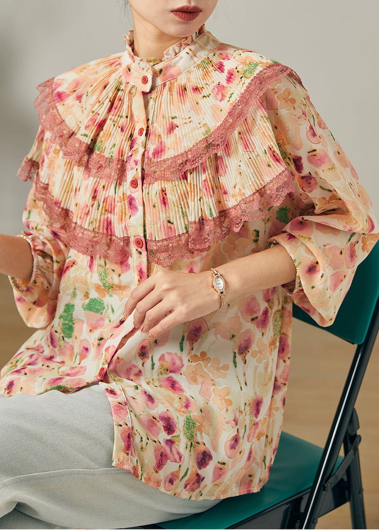 Apricot Print Chiffon Top Double-layer Wrinkled Summer