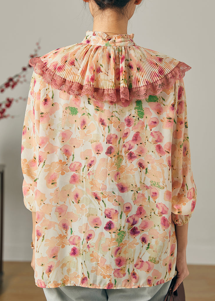 Apricot Print Chiffon Top Double-layer Wrinkled Summer