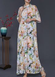 Apricot Print Cotton Cheongsam Dress Mandarin Collar Summer