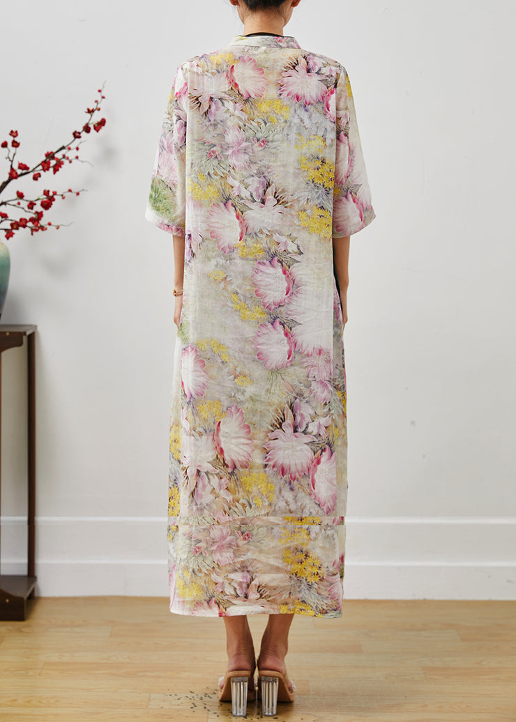 Apricot Print Linen Oriental Dress Mandarin Collar Summer