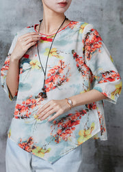 Apricot Print Linen Shirt Top Chinese Button Summer