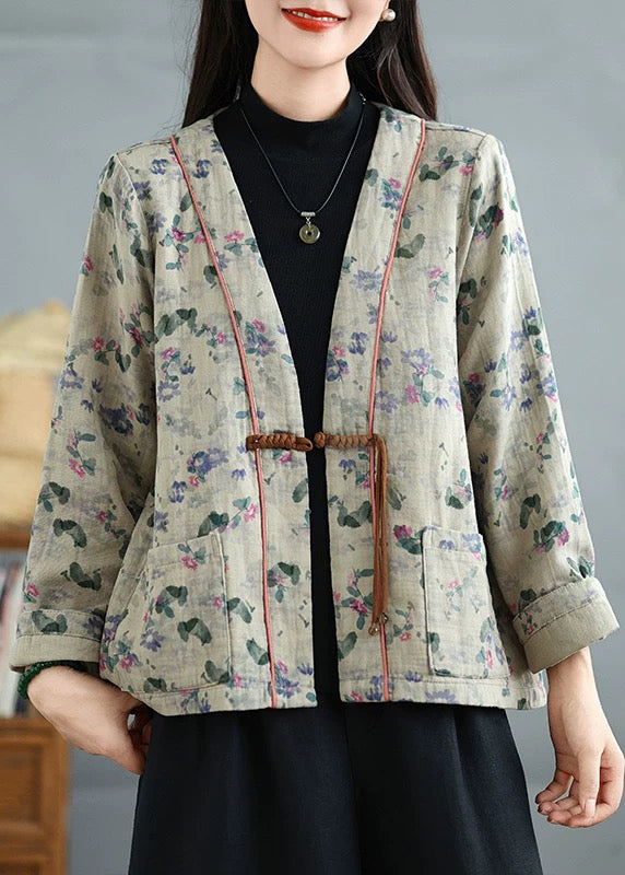 Apricot Print Pockets Cotton Fall Coats V Neck