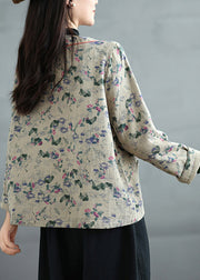 Apricot Print Pockets Cotton Fall Coats V Neck