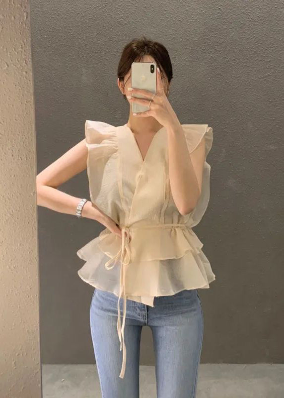 Apricot Slim Fit Shirt Top V Neck Tie Waist Sleeveless