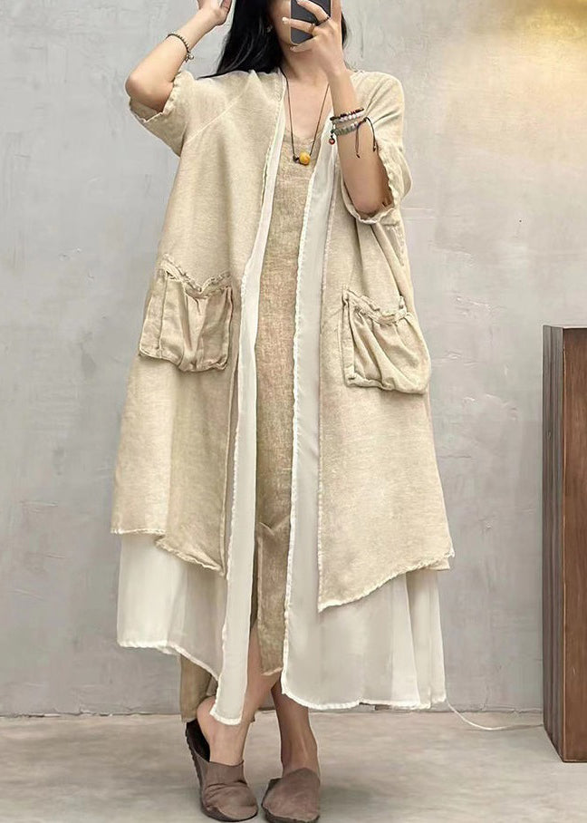 Apricot Solid Loose Cotton Long Cardigan Pockets Half Sleeve