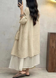 Apricot Solid Loose Cotton Long Cardigan Pockets Half Sleeve