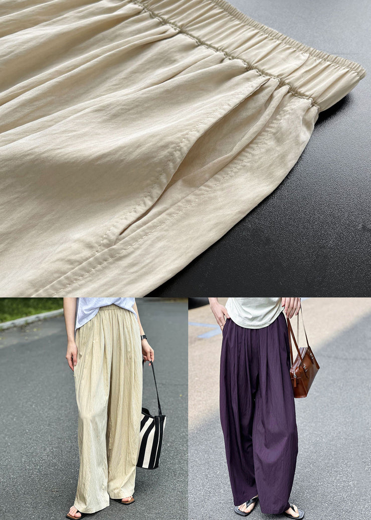 Apricot Solid Thin Cotton Summer Pants Elastic Waist