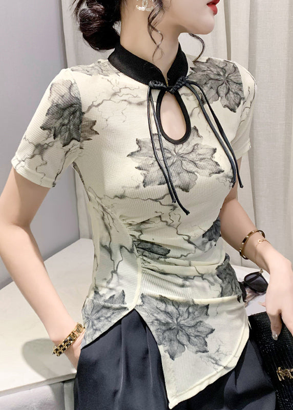 Apricot Stand Collar Print Button T Shirts Summer