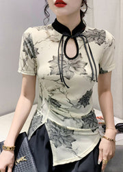 Apricot Stand Collar Print Button T Shirts Summer