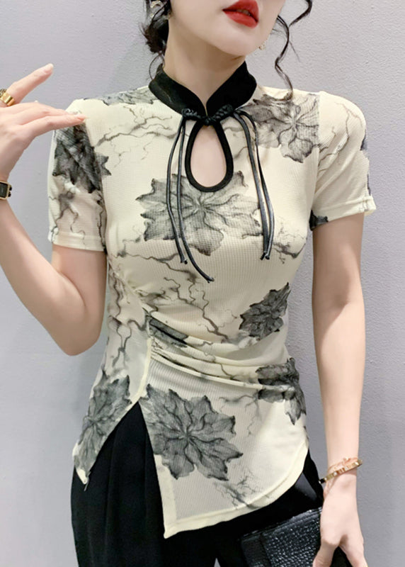 Apricot Stand Collar Print Button T Shirts Summer