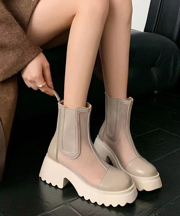 Apricot Stylish Hollow Out Breathable Tulle Splicing Chunky Boots