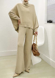 Apricot Tops And Pants Knit Two Pieces Set Hign Neck Batwing Sleeve