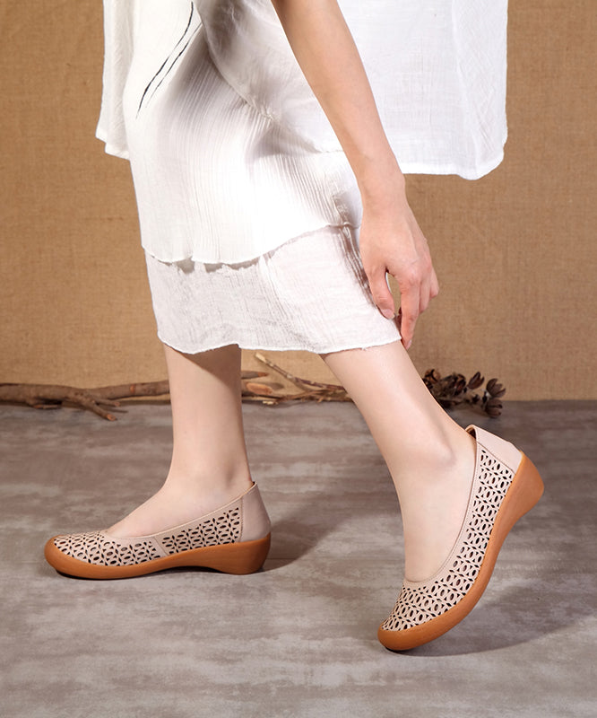 Apricot Wedge Sheepskin Women Sandals Hollow Out