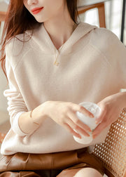 Apricot Woolen Hooded Pullover Sweatshirt Long Sleeve