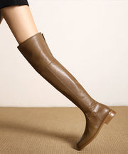 Apricot Zip Up Chic Splicing Cowhide Leather Knee Boots