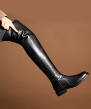 Apricot Zip Up Chic Splicing Cowhide Leather Knee Boots