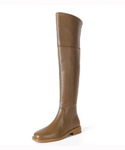 Apricot Zip Up Chic Splicing Cowhide Leather Knee Boots