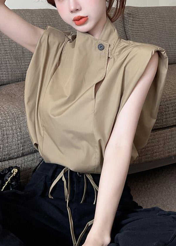 Army Green Cotton Shirts Stand Collar Drawstring Sleeveless