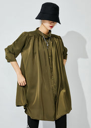 Army Green Draping Silk Shirt Top Oversized Wrinkled Spring