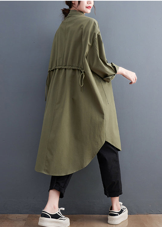 Army Green Oversized Cotton Shirt Dresses Pockets Fall