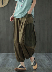 Army Green Patchwork Cotton Crop Pants Elastic Waist Pockets Summer