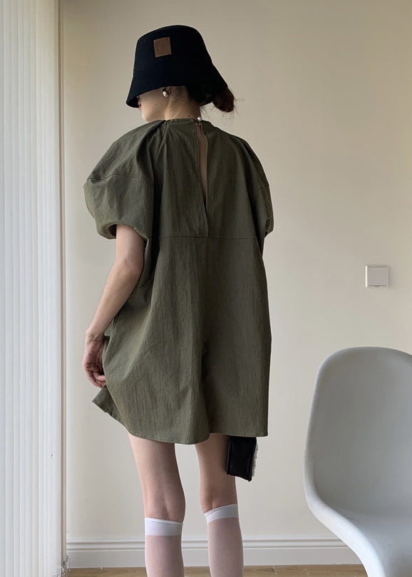 Army Green Patchwork Cotton Mid Dresses O Neck Puff Sleeve