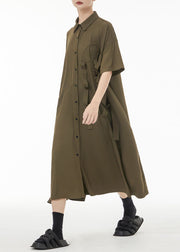 Army Green Patchwork Cotton Shirt Dresses Oversized Original Design Summer