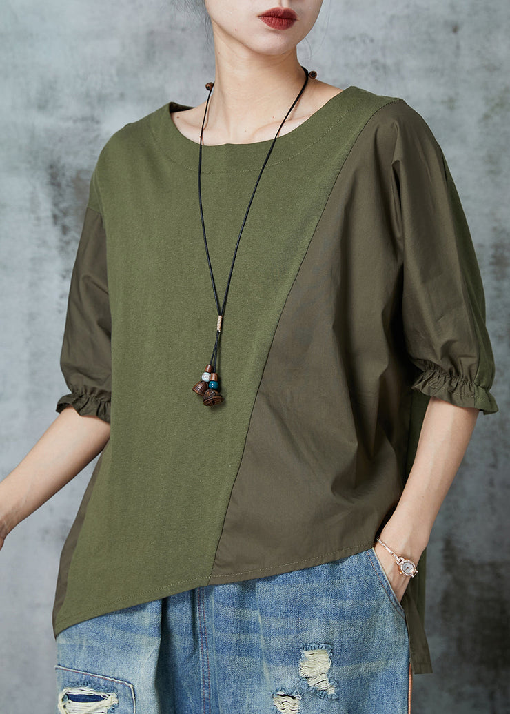 Army Green Patchwork Cotton Tops Asymmetrical Half Sleeve