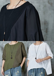 Army Green Patchwork Cotton Tops Asymmetrical Half Sleeve