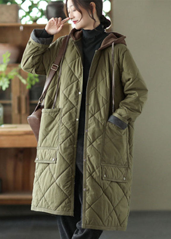 Army Green Pockets Button Thick Hooded Parka Long Sleeve