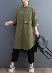 Army Green Pockets Cotton Shirts Coats Stand Collar Fall