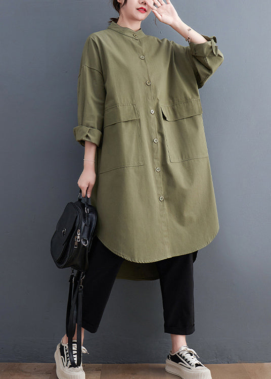 Army Green Pockets Cotton Shirts Coats Stand Collar Fall