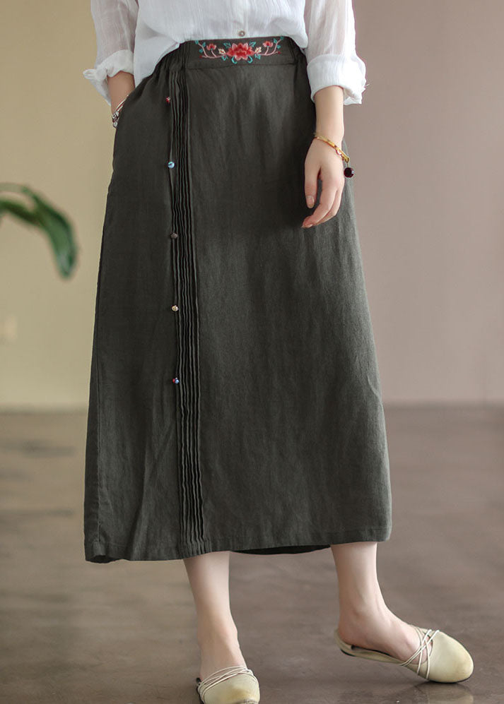 Army Green Pockets Patchwork Cotton Skirt Embroideried Summer