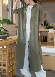 Army Green Pockets Patchwork Linen Shirts Long Coats Peter Pan Collar Fall