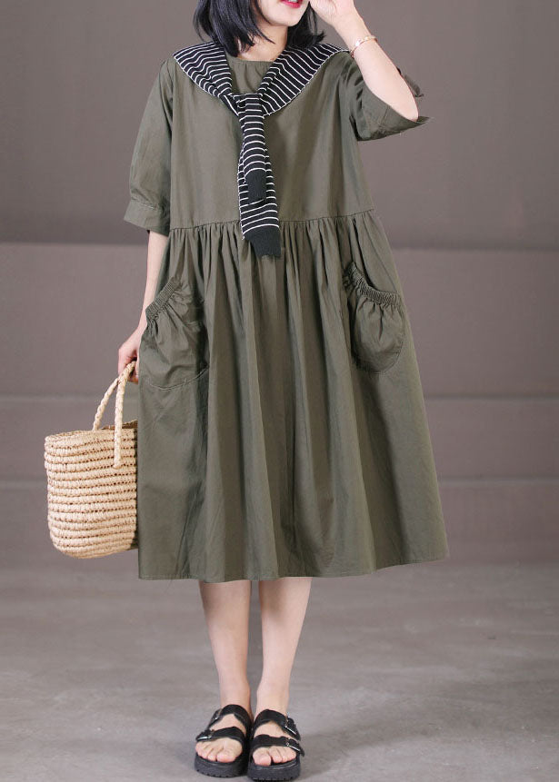 Army Green Sailor Collar Cotton Holiday Dresses Pockets Wrinkled Half Sleeve