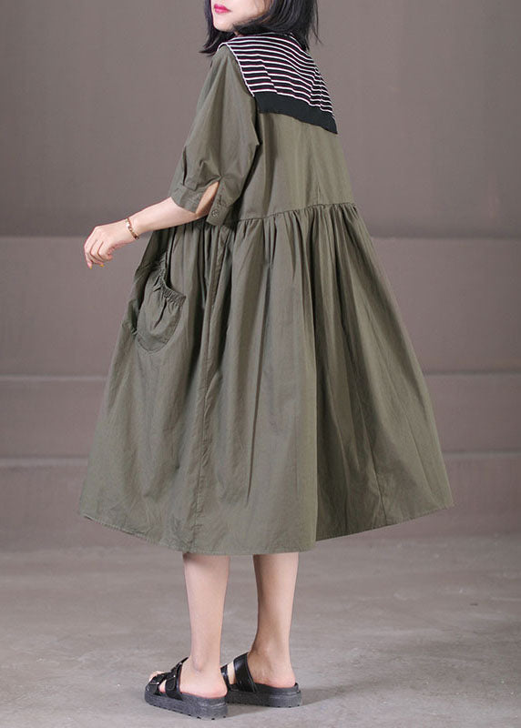 Army Green Sailor Collar Cotton Holiday Dresses Pockets Wrinkled Half Sleeve