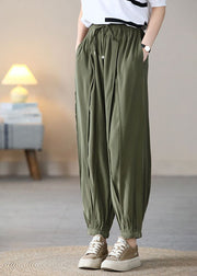 Army Green Solid Silk Crop Pants Elastic Waist Wrinkled Fall