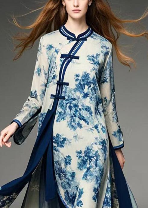 Art Apricot Asymmetrical Print Chiffon Oriental Dresses Fall