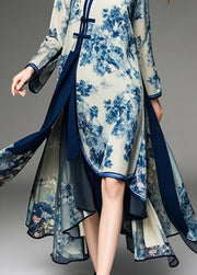 Art Apricot Asymmetrical Print Chiffon Oriental Dresses Fall