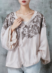 Art Apricot Embroidered Oversized Silk Shirt Tops Spring