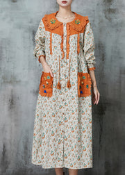 Art Apricot Embroidered Patchwork Linen Robe Dresses Spring