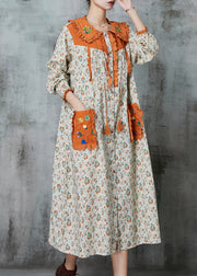 Art Apricot Embroidered Patchwork Linen Robe Dresses Spring