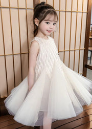 Art Apricot O-Neck Patchwork Tulle Girls Long Dress Sleeveless