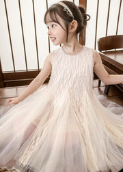 Art Apricot O-Neck Patchwork Tulle Girls Long Dress Sleeveless