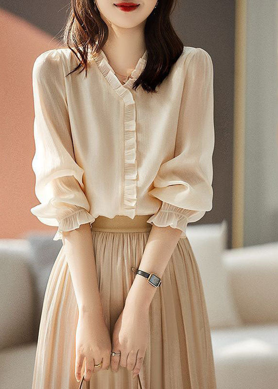 Art Apricot Ruffled Patchwork Chiffon Shirt Top Spring