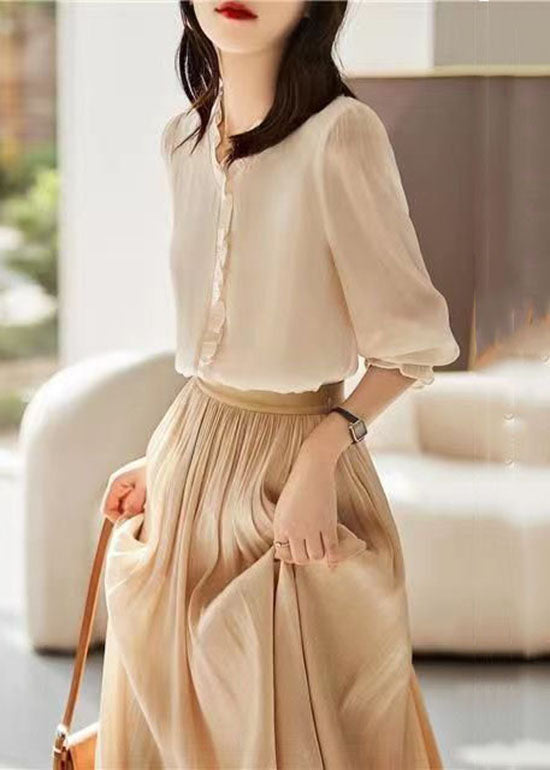 Art Apricot Ruffled Patchwork Chiffon Shirt Top Spring