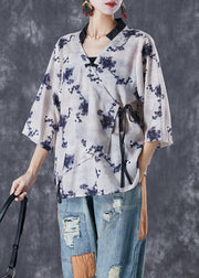 Art Asymmetrical Tie Dye Tie Waist Linen Shirt Top Summer