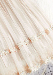 Art Beige Elastic Waist Lace Patchwork Wear On Both Sides Tulle Pleated Skirt Spring